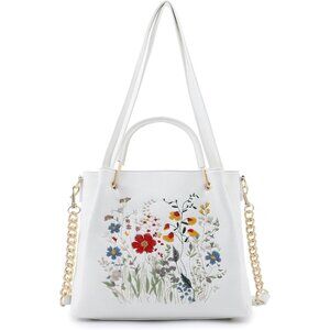 Women's White Embroidered Designer Soft Vegan Leather Top Shoulder Handle Bag
